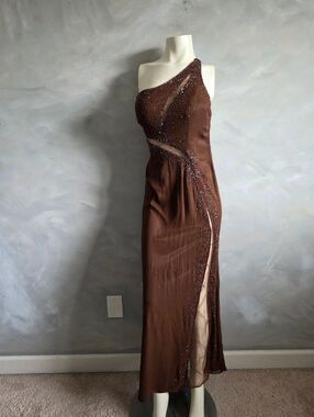Vtg Brown Mesh Y2K 100% Silk Beaded One Shoulder Whimsigoth Gown 4 Hoco Formal
